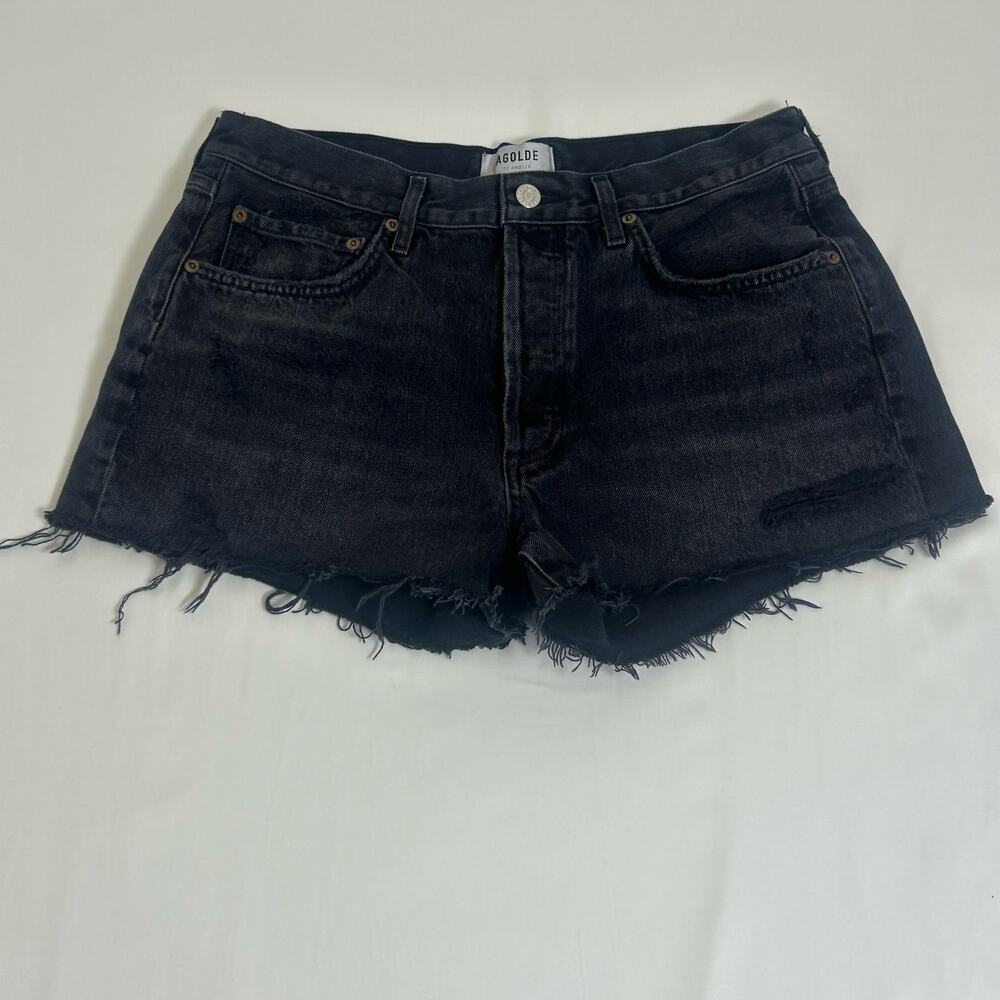 Agolde Womens Black Denim High Rise Raw Hem Shorts Size 29